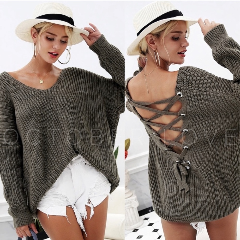 NEW! Lace up Sweater Olive - Picture 3 of 3